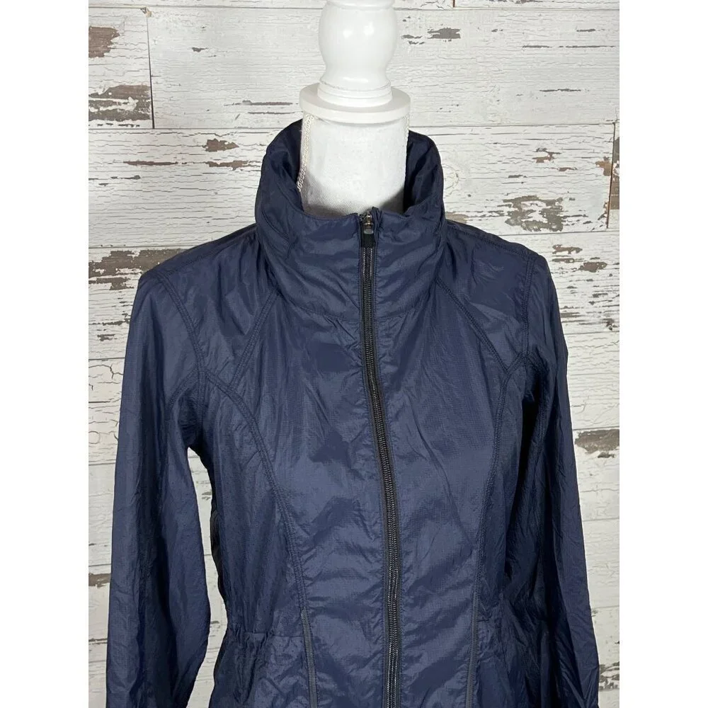 ATHLETA Lightweight Windbreaker Jacket Stowable Hood Navy XS EUC